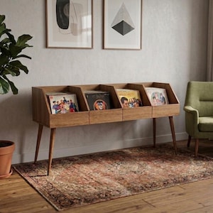 May include: A wooden record storage unit with four compartments, each holding vinyl records with colorful album art. The unit has angled legs and sits on a patterned rug. A green armchair and potted plant are also in the room.