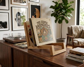 Minimalistische houten vinylplatendisplay - moderne eik speelt nu standaard - handgemaakte lp-platenhouder - audiofiel cadeau- en opbergdecor