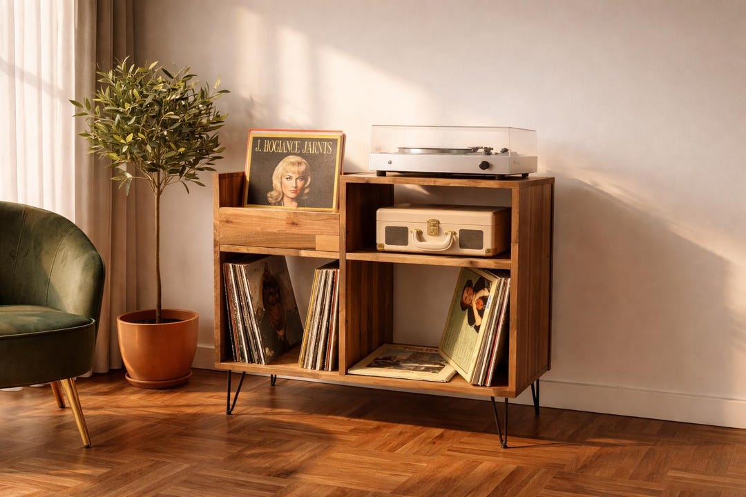 Solid Wood Record Player Stand – Mid-century Modern Vinyl Storage ...