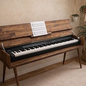 Puede incluir: Un soporte de piano de madera con un teclado incorporado. El soporte tiene una tapa con bisagras y patas anguladas. La partitura descansa en la parte superior. El teclado tiene teclas blancas y negras. La madera tiene un tono marrón cálido.