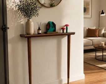 Consola estrecha para recibidor - Acabados en pino macizo, nogal o roble - Mesa de pasillo estrecha con incrustaciones de latón - Tamaños personalizados disponibles