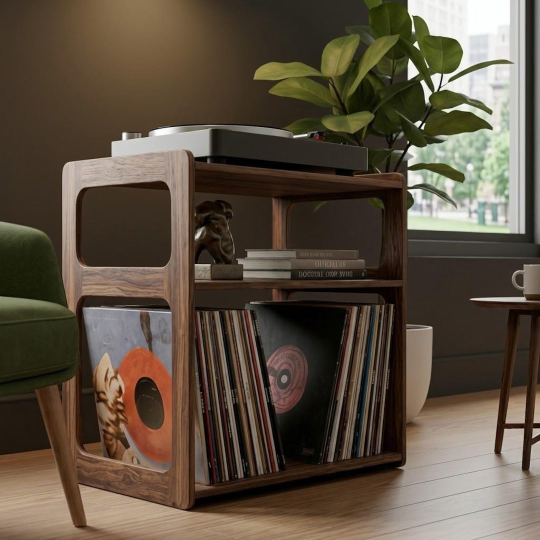 Mid-century Modern Solid Wood Record Player Stand – Vinyl Storage ...