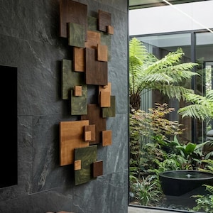 Arte mural de madera de estilo moderno de mediados de siglo, escultura geométrica 3D, decoración minimalista para sala de estar.