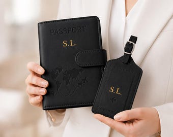 Personalizowany skórzany uchwyt na paszport i zawieszka do bagażu, spersonalizowany zestaw podróżny, okładka na paszport z monogramem, prezent dla niej