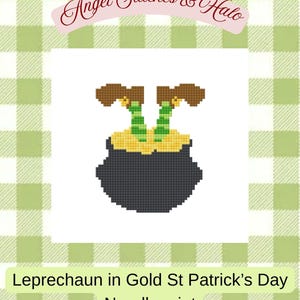 May include: A digital needlepoint chart featuring a St. Patrick's Day theme. The design shows a black cauldron with a leprechaun's legs and feet sticking out. The background is a green and white checkered pattern. Text reads "Angel Stitches & Halo".