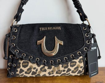 New True Religion Black Denim Leopard Shoulder Handbag Western Horseshoe Cute