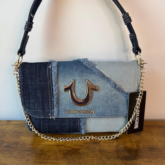 New True Religion Blue Washed Denim Shoulder Handbag Studded Western Horseshoe