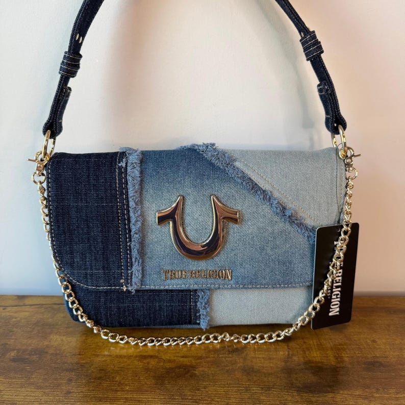 New True Religion Blue Washed Denim Shoulder Handbag Studded Western Horseshoe image 1