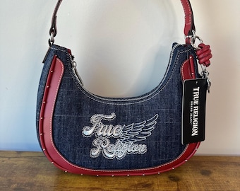 New True Religion Blue Denim Red Hobo Shoulder Handbag Wings Studded Western