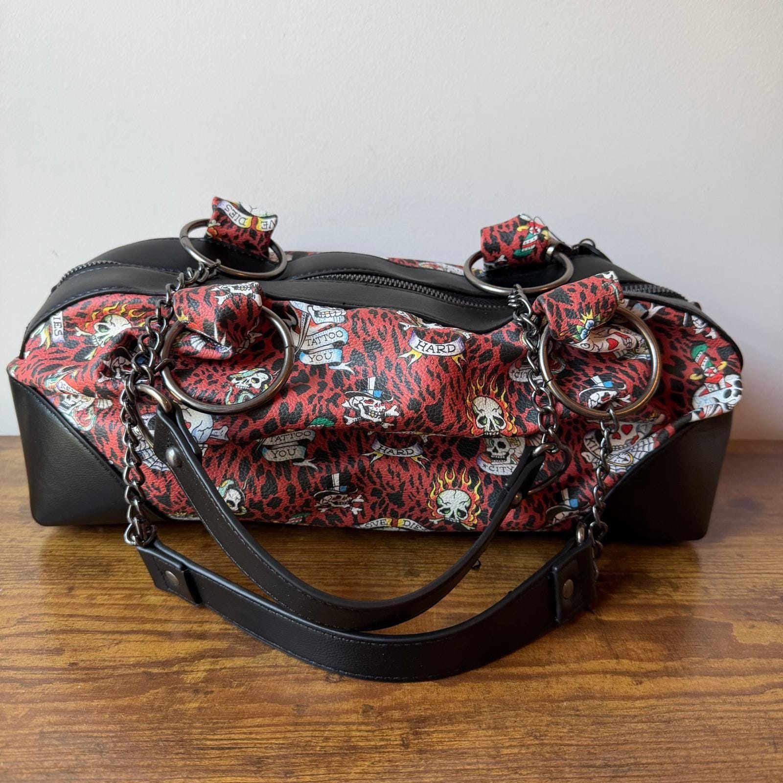 New Ed Hardy Black Red Shoulder Satchel Handbag Skull Leopard Y2K