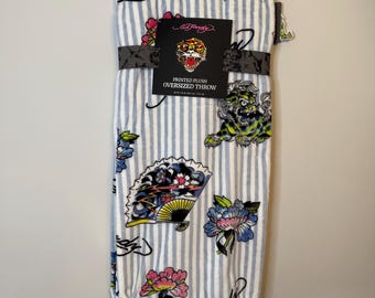 Nueva manta Ed Hardy de rayas azules y blancas de 60 x 70 cm con diseño de flores de tigre Y2K, estilo retro.