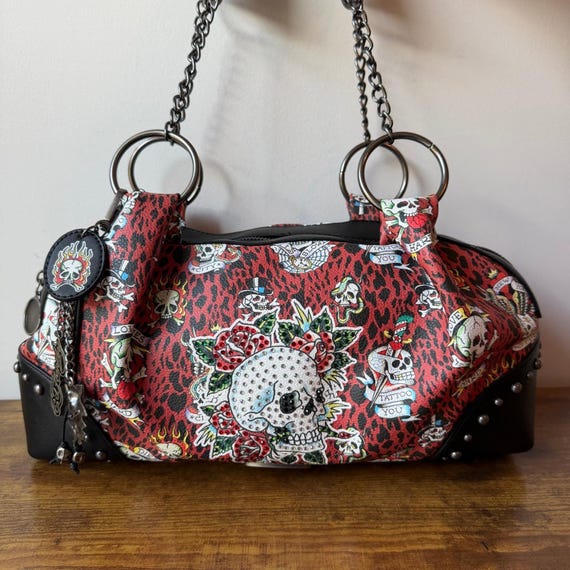 New Ed Hardy Black Red Shoulder Satchel Handbag Skull Leopard Y2K