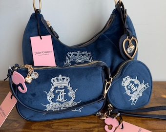 New Juicy Couture Need More Regal Blue Shoulder Hobo Handbag Wristlet Wallet Y2K