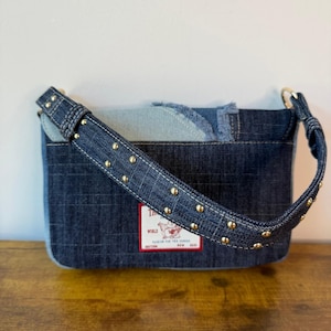New True Religion Blue Washed Denim Shoulder Handbag Studded Western Horseshoe image 4