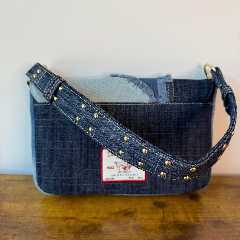 New True Religion Blue Washed Denim Shoulder Handbag Studded Western Horseshoe image 4