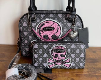 New Ed Hardy Black Dead Alive Horse Mustang Shoulder Handbag Red