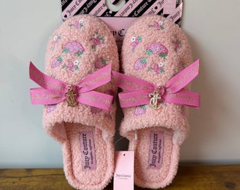 New Juicy Couture 8-9 Pink Strawberry Bow Slippers Shoes JC Charm Coquette