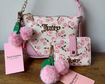 Nowy zestaw Juicy Couture Cherry Girl w kolorze różowo-białym z portfelem i kopertówką Mini torebka