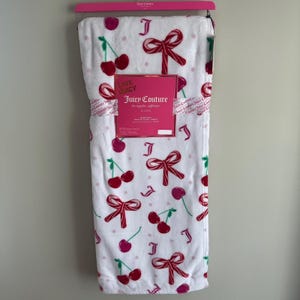 New Juicy Couture Christmas Pink Cherry Candy Cane Red Bows Blanket 60x70 2025