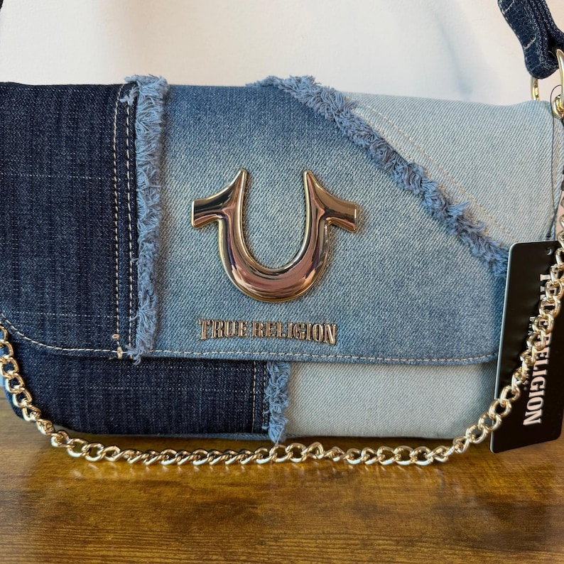 New True Religion Blue Washed Denim Shoulder Handbag Studded Western Horseshoe image 2