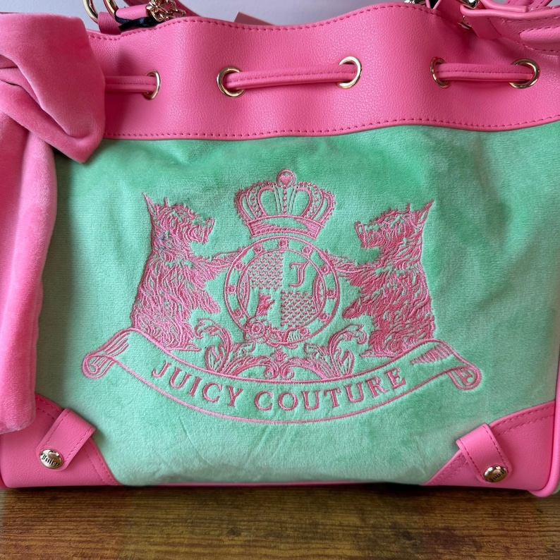 New Juicy Couture Classic Scottie Dogs Green Pink Daydreamer Tote Handbag Y2K image 3