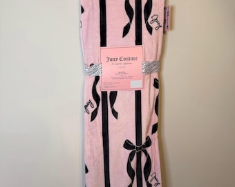 Nueva manta Juicy Couture rosa claro con lazos negros, 60 x 90 cm, estilo gótico y coqueto.