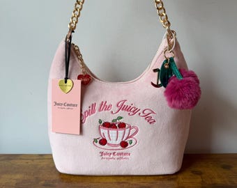 New Juicy Couture Sweet Spill The Tea Party Light Pink Hobo Shoulder Bag Cherry
