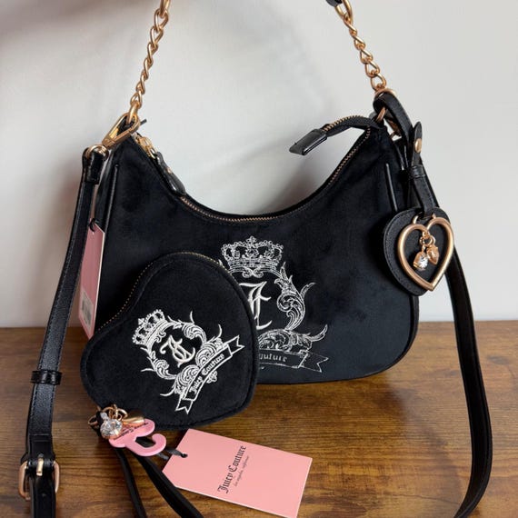 New Juicy Couture Need More Black Shoulder Crossbody Handbag Wristlet Set