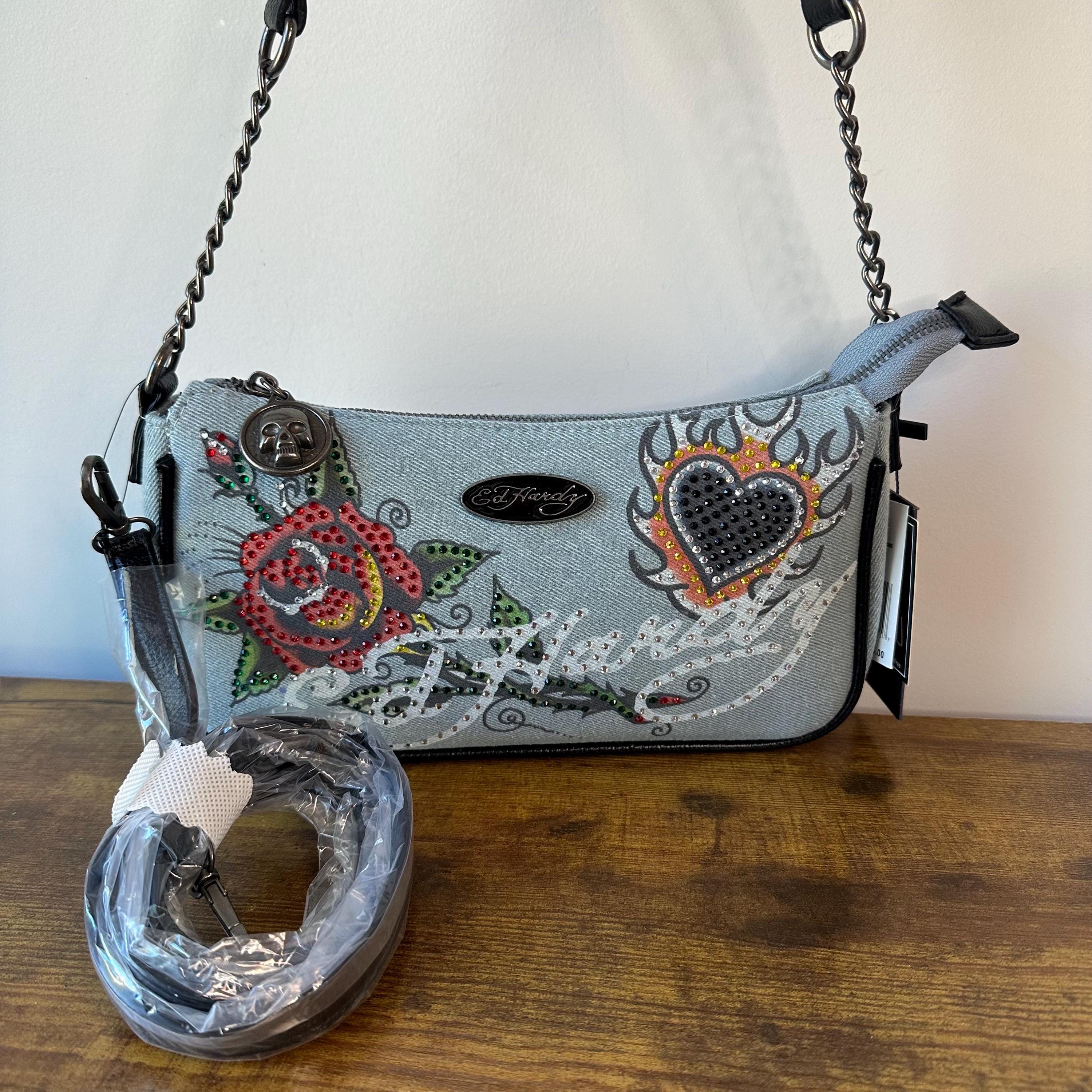 New Ed Hardy Denim Blue Black Shoulder Crossbody Handbag Tattoo