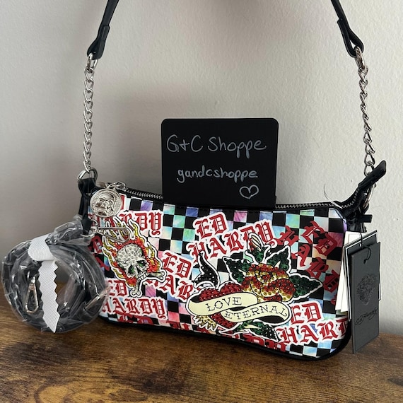 New Ed Hardy Black Shoulder Crossbody Bag With Rhinestone Love