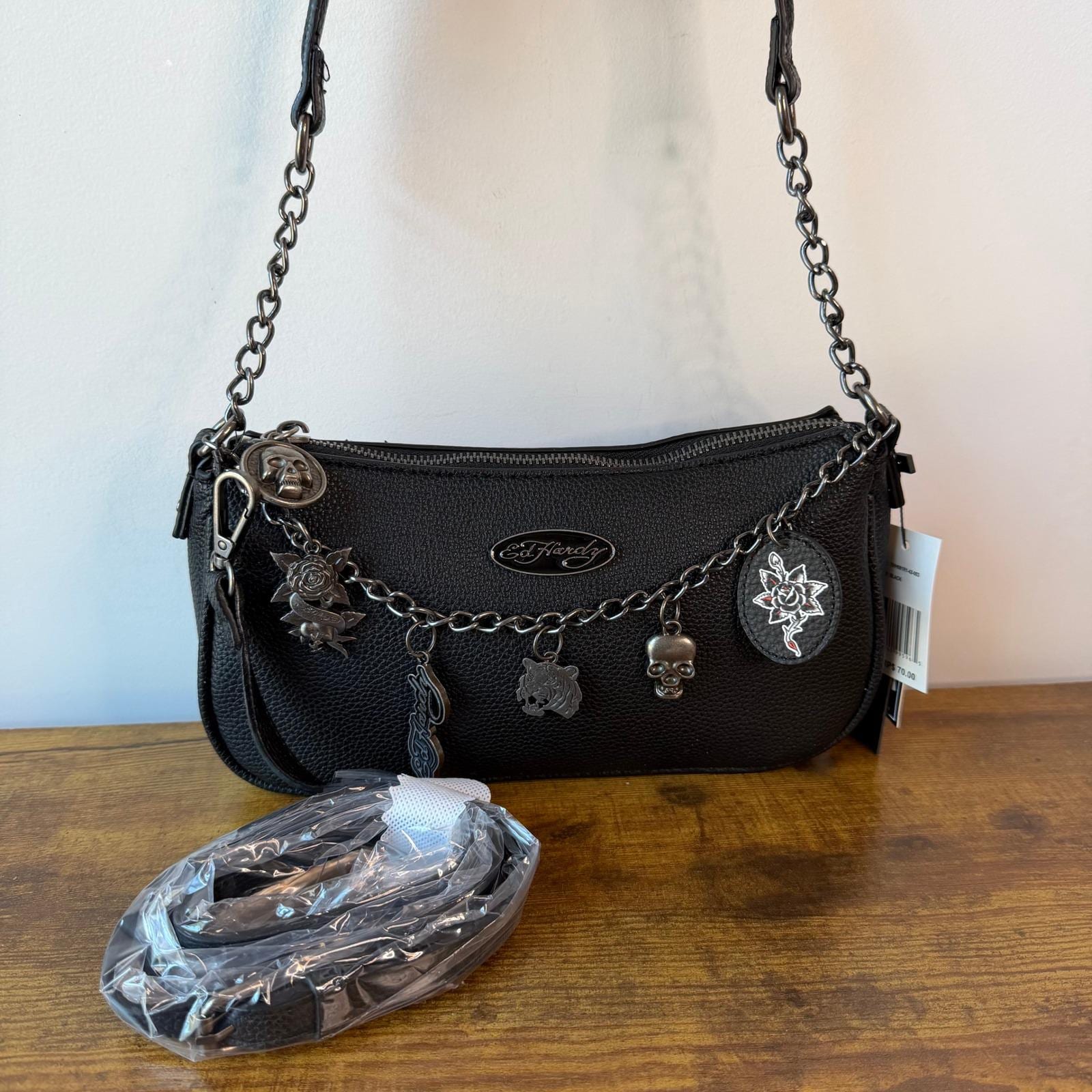 New Ed Hardy Black Shoulder Crossbody Handbag Skulls Grey Charms