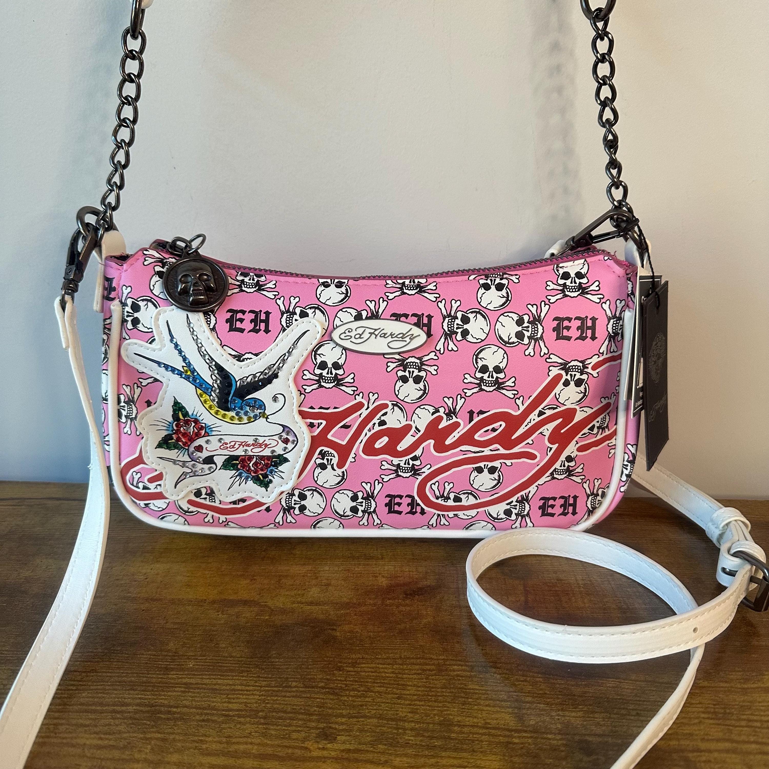 New Ed Hardy Pink White Black Shoulder Crossbody Handbag Tattoo