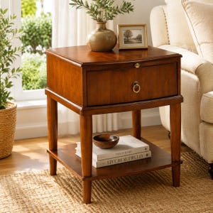 May include: A square wooden end table with a warm brown finish, featuring a single drawer with a brass ring pull and a small brass knob. The table has a lower shelf holding two stacked books and a small wooden bowl, with four tapered legs.