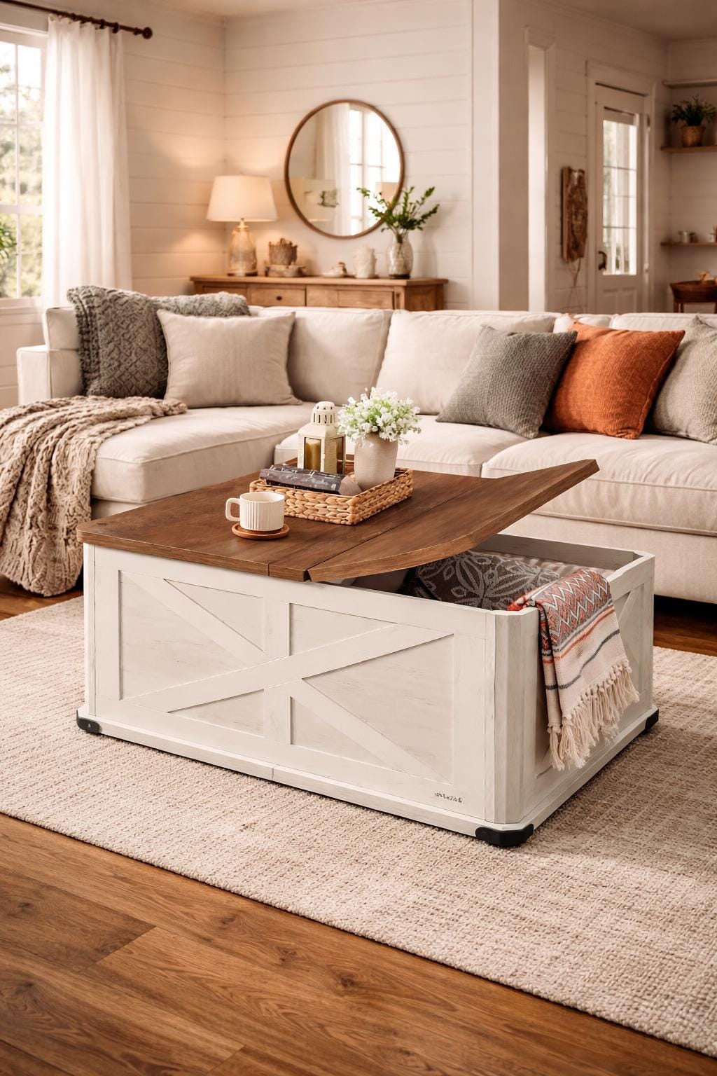 Farmhouse Lift Top Coffee Table Hidden Storage Wood Living Room Table ...