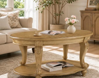 Vintage Oval Coffee Table Cherry Wood Veneer with Storage Shelf