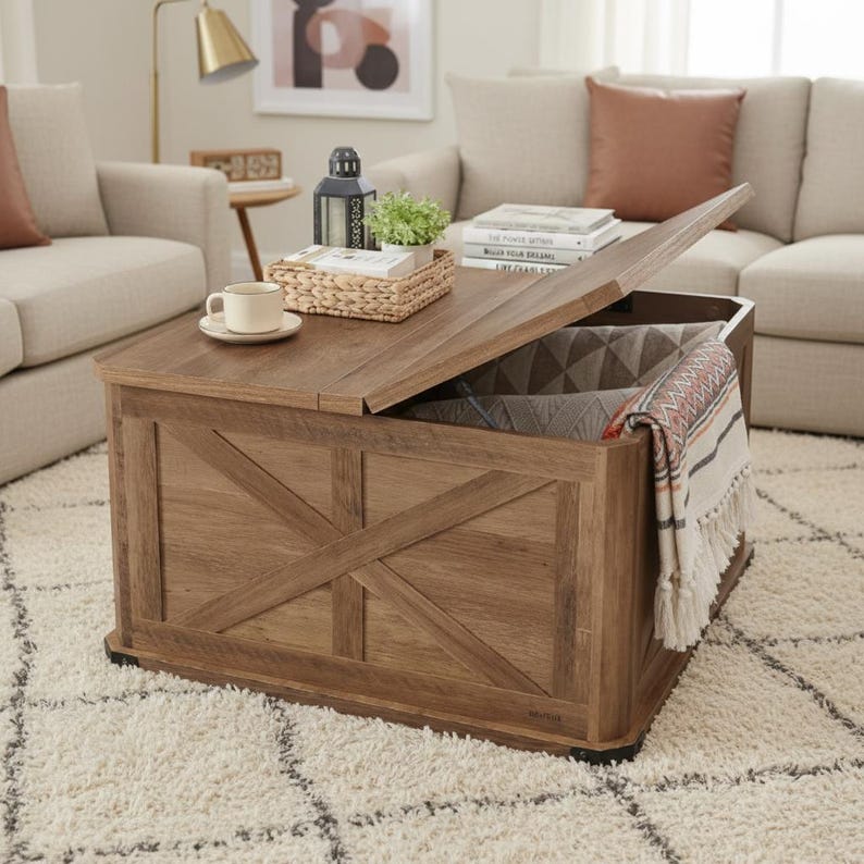 Farmhouse Lift Top Coffee Table Hidden Storage Wood Living Room Table ...