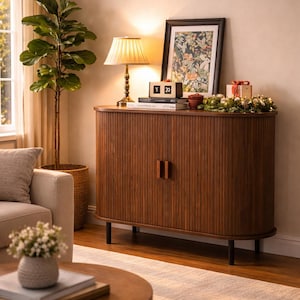 Mid Century Curved Sideboard Cabinet Fluted Wood Buffet Storage Console Living Room Organizer