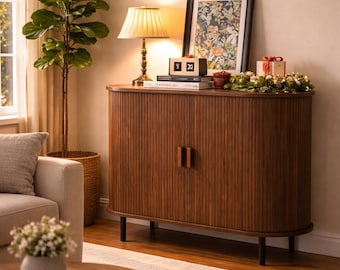 Mid Century Curved Sideboard Cabinet Fluted Wood Buffet Storage Console Living Room Organizer