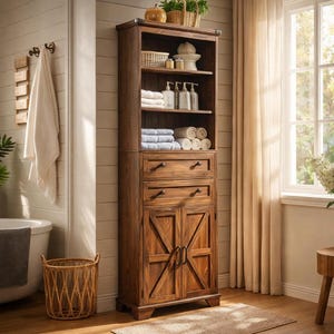 Rustic Farmhouse Bathroom Storage Cabinet Tall Wood Linen Tower Organizer Bathroom Shelf