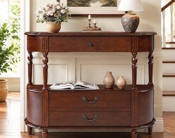 Solid Wood Curved Console Table Cherry Entryway Sofa Table with Drawers