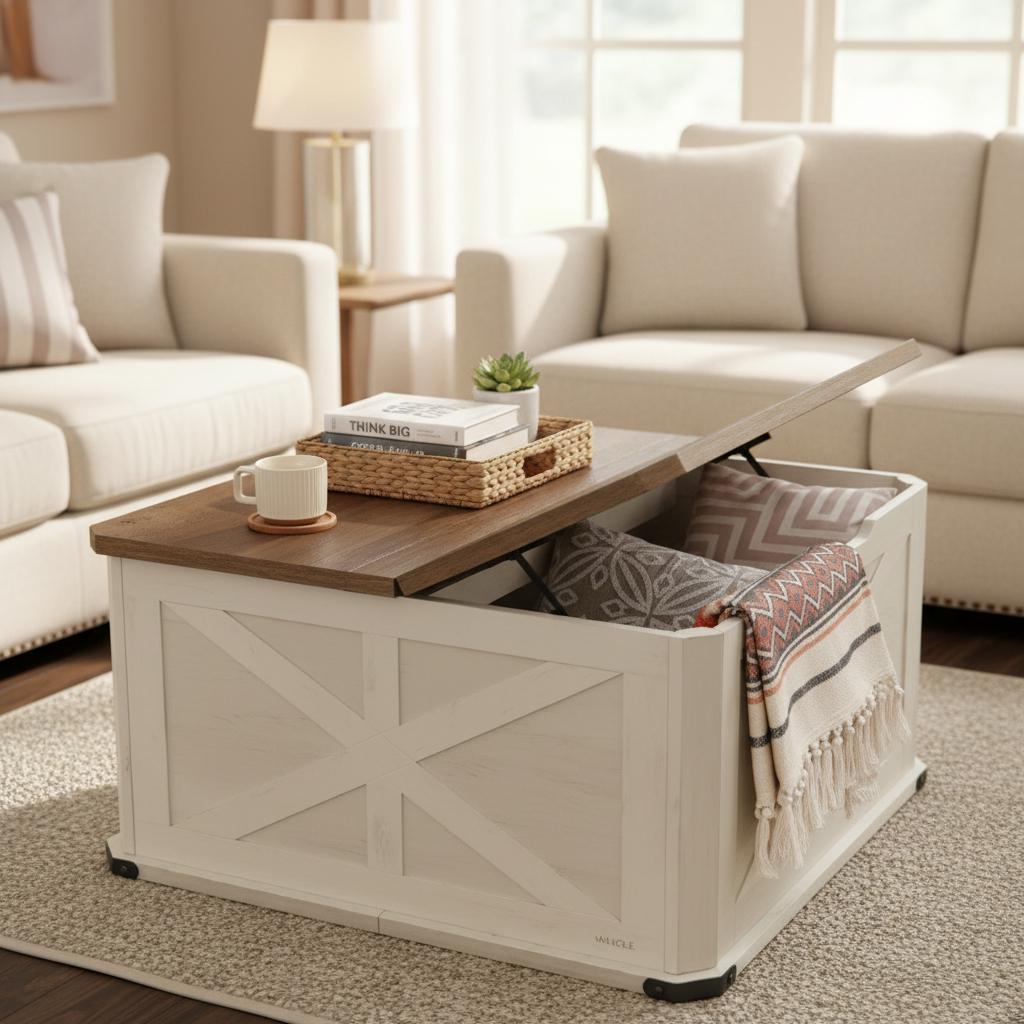Farmhouse Lift Top Coffee Table Hidden Storage Wood Living Room Table ...