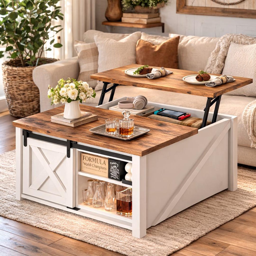 Modern Farmhouse Lift Top Coffee Table With Storage Sliding Barn Door ...