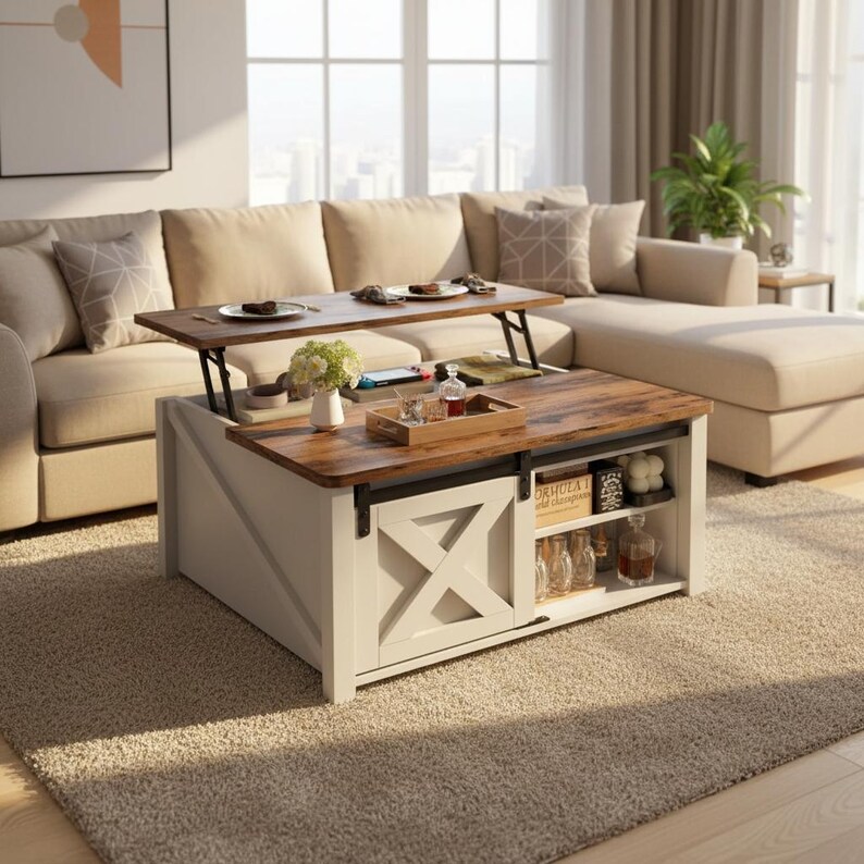Modern Farmhouse Lift Top Coffee Table With Storage Sliding Barn Door ...