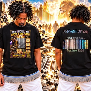 Camiseta "Mi alma no está a la venta" con flecos, camiseta gráfica azul rey hebreo israelita, código de barras de vinilo camaleónico Mateo 16:26 Streetwear