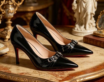 Customized insoles,Black Patent Leather Stiletto Heels, Red Bottom Pumps with Buckle, Elegant Pointed Toe Heels for Wedding & Formal Events