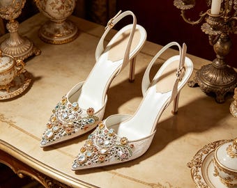 Customized insoles，Luxury Crystal Wedding Heels, White Lace Slingback Pumps, 6/8/10cm Stiletto Bridal Shoes