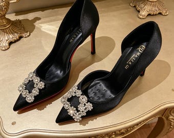 Customized insoles,Black Satin Crystal Embellished Heels, Red Bottom Stiletto Pumps, Elegant Pointed Toe Party Shoes, Bridal & Formal Heels