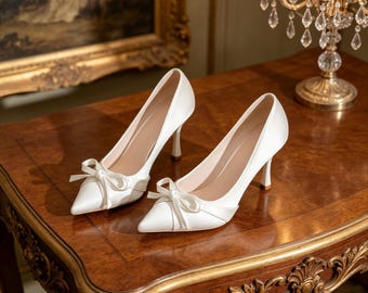 Customized insoles,White Satin Bow Pointed Toe Pumps, 5/7/8.5cm Stiletto Heels, Available in White/Champagne/Black, Elegant Wedding Bridal