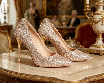 Plantillas personalizadas, zapatos de tacón con purpurina color champán, tacones de punta brillantes, tacones de aguja de diferentes alturas (3/5/7 cm), zapatos de novia.