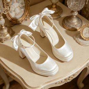 Puede incluir: Un par de zapatos de tacón alto de plataforma de satén marfil con correas en el tobillo y lazos grandes. Los tacones tienen un diseño de tacón cuadrado y una punta redondeada. Los lazos están adornados con pequeños adornos brillantes.